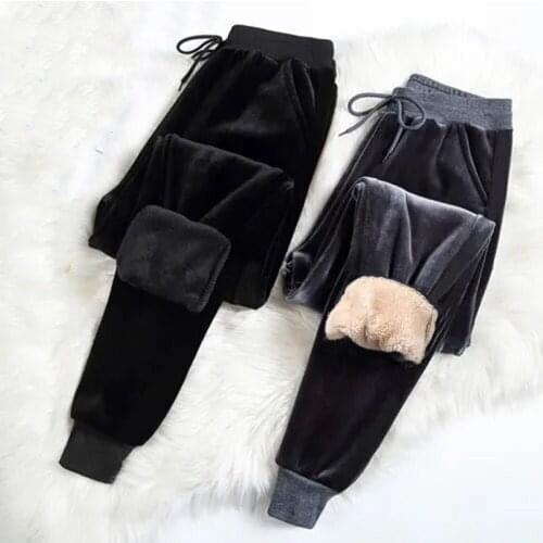 Women Pants Solid Elastic Waist Thick Harem Pants 2021Winter Korean version New Lambskin Cashmere Warm Pants Women trousers
