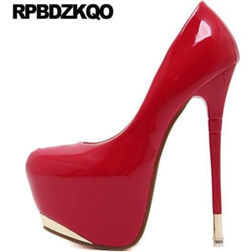 Exotic Dancer Stripper Autumn Ladies High Heels Red Patent Platform Shoes Cheap 16cm Pumps Round Toe Fetish Stiletto Black Ultra