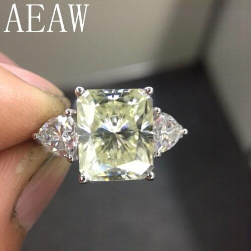 AEAW 925 Silver Yellow Radiant Cut Moissanite Engagement Ring 4ct 8x10mm Center with Trillion Anniversary Ring for Women