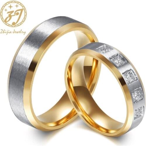Zhijia Gold-Color Wedding Band 316L Stainless Steel Rings For Women And Men Wedding Engagement Couple Ring Wholesale
