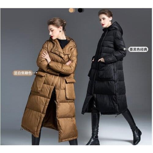 Winter Women Long black Down Jacket 90% White Duck Down Coat Puffer Slim Hooded Parkas Female Snow Outwear Waterproof coats lady
