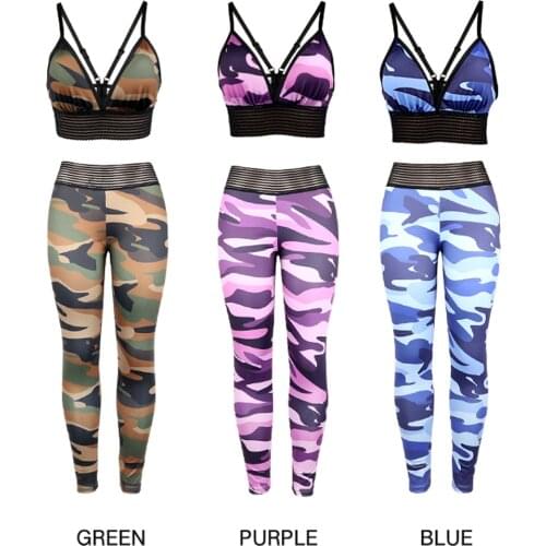 2PCS Camouflage Set Women Yoga Suit Sport Set Gym Workout Clothes Sleevless Fitness Triangle Top High Waist Camo Leggings Pants