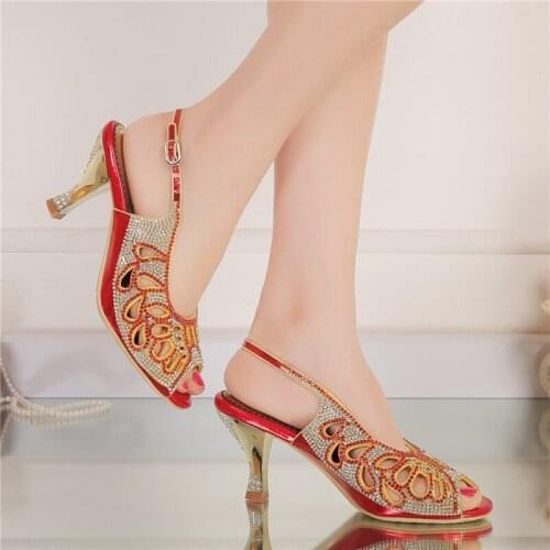 2020 Fashion Summer Sexy Red Peep Toe Crystal Stilettoes Wedge Heel Slingback Wedding Party Shoes Rhinestone Princess Sandals