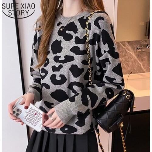 2021 Casual Chic Leopard-print Top Temperament Autumn Elegant Pullover Loose Oversized O-Neck Knitted Sweater Jumper Mujer 17062