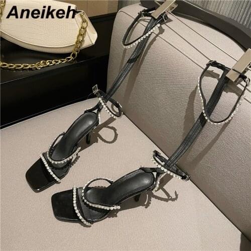 Aneikeh 2021 New Womens Shoes PU Thin Heels Sandals Open Party Bling Gladiator Buckle Strap Novelty Polka Dot Metal Decoratio