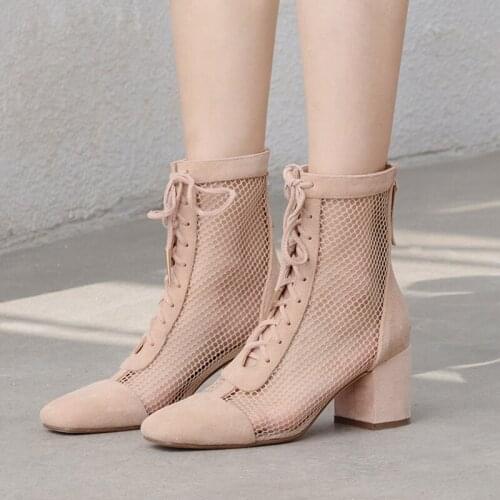 EshtonShero Women Ankle Boots Shoes Woman High Heels Lace Up Mesh Summer Square Toe Platform Ladies Motorcycle Boots Size 3-8