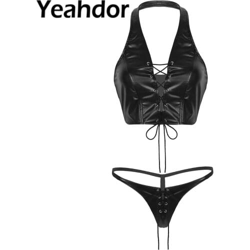 2Pcs Women Sexy Bikini Set Faux Leather Lace Up Lingerie Halter Crop Tops with Mini G-string Thong Underwear Low Rise Panties