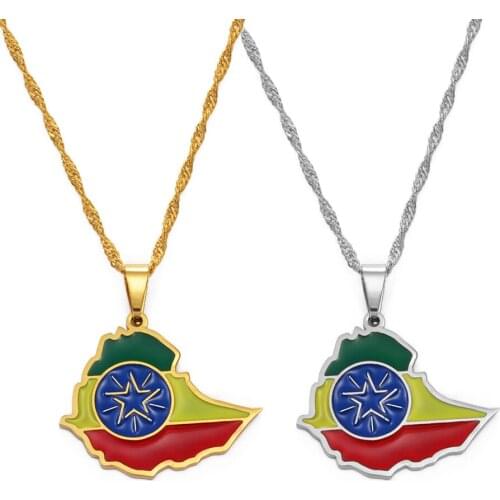 Anniye Ethiopian Map Flag Pendant Necklaces Gold Color Jewelry Africa Ethiopia National Flag Necklace Maps #148621