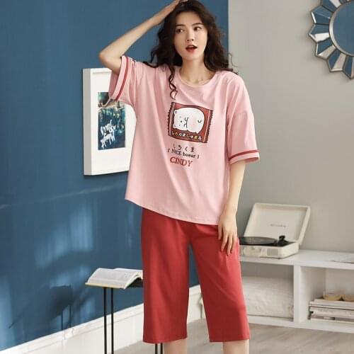 BZEL Pink Sweet Pajama Set Short Sleeved Five-Minute Pants Loose Plus Size Sleepwear Cute Cartoon Pattern Casual Homewear Nighty