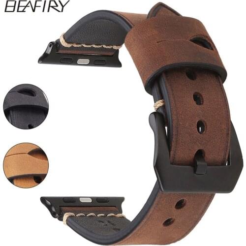 BEAFIRY For Apple watch iwatch Watch Band Straps 42mm Genuine Crazy Horse Calfskin Leather Dark Brown Light Brown Grey