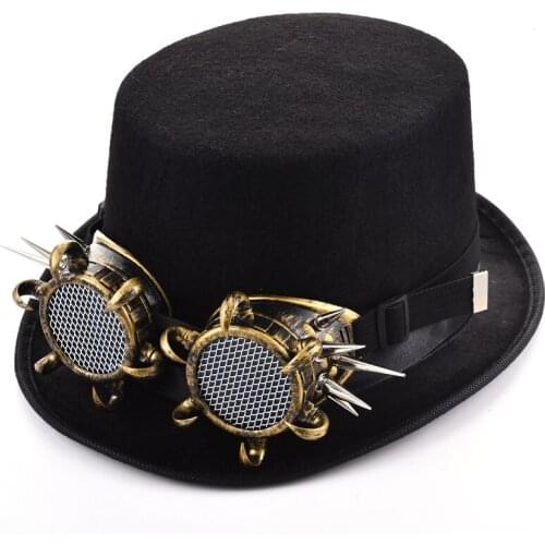 Steampunk Retro Rivets Goggle Fedoras Punk Black Top Hat With Spikes Goggles Headwear Lolita Cosplay Unisex Hat Gothic Accessory