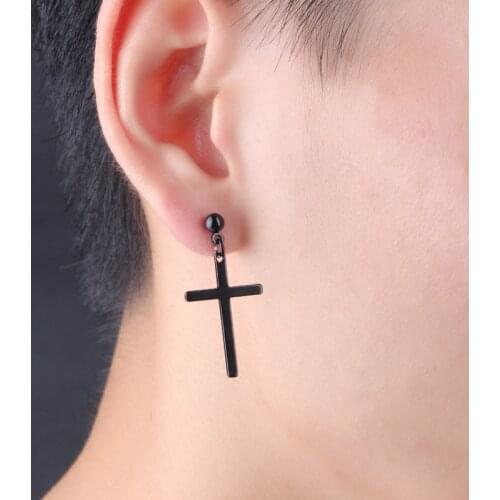 Unisex Hip Hop Punk Solid 316L Stainless Steel Cross Dangle Earrings Black