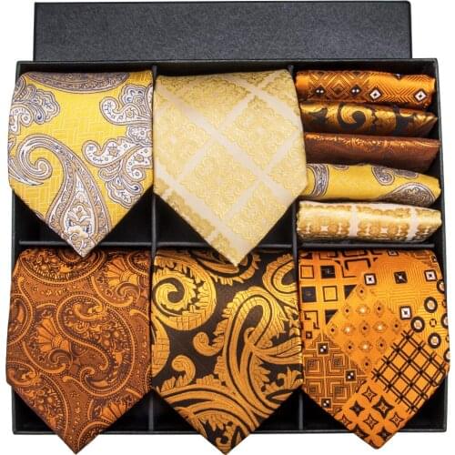Hi-Tie Silk Necktie Luxury Gift Box For Mens Tie Set Gold Floral Ties For Men Hanky Cufflinks Set For Wedding Free Shipping