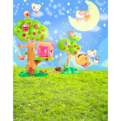 Lawn Cartoon Cat Moon Flowers for Children Photography Backdrops Photo Props Studio Background 5x7ft