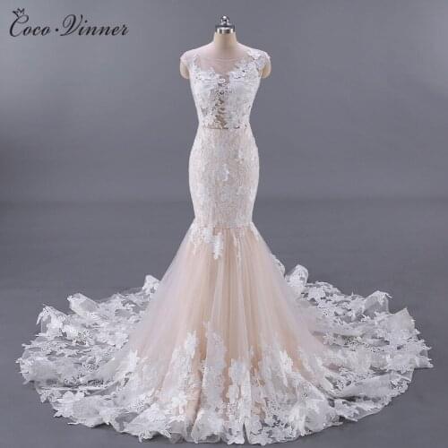 Quality Vestido De Noiva Backless Floral Appliques Sexy Wedding Dress Champagne Color Mermaid Wedding Dresses W0045
