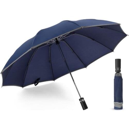 Reflective Strip 10K 210T Pongee Fully automatic Umbrella Sun 3 Folding Fiberglass Strong Windproof Rain For Women Men Travel