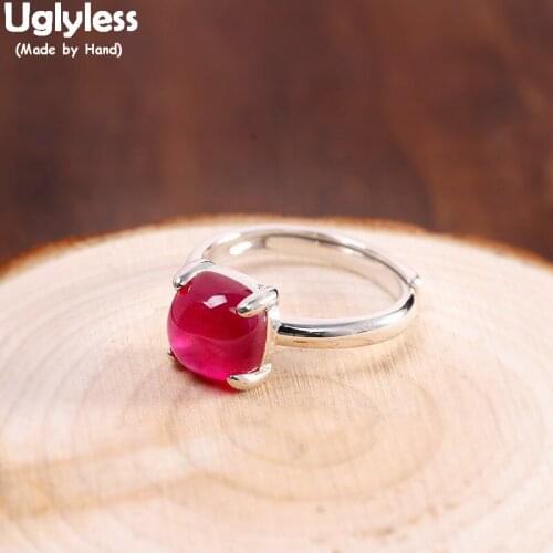 Uglyless Pretty HOT Pink Corundum Semi-precious Gemstones Rings for Women Square Open Rings Real 925 Silver Dress Agate Jewelry