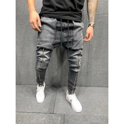 VIANKANI Men Hip-Hop Pants Big Pocket Skinny Jeans Zipper Slim High Quality Jeans Casual Sport Corset Jeans M-3XL