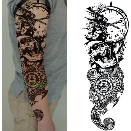1 Piece Temporary Tattoo Sticker Momento Mori Skull Full Flower Tattoo with Arm Body Art Big Large Fake Tattoo