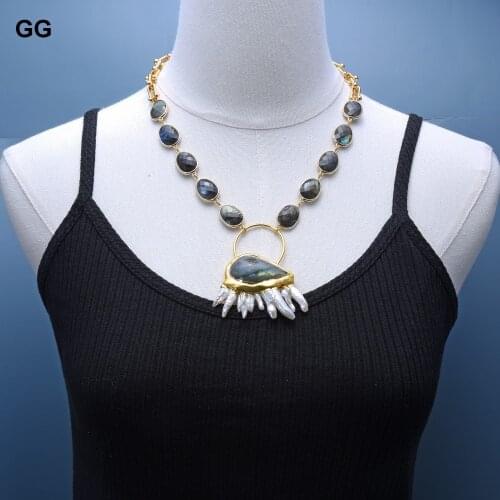 GuaiGuai Jewelry 18" Teardrop Labradorite Chain Bezel Sets Station Necklace Blue Labradorites White Biwa Pearl Pendant For Women