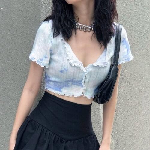 Summer Tie Dye Print Aesthetic Tee Shirts For Women Short Sleeve Fitness Frill Ruffles Crop Tops Korean Streetwear