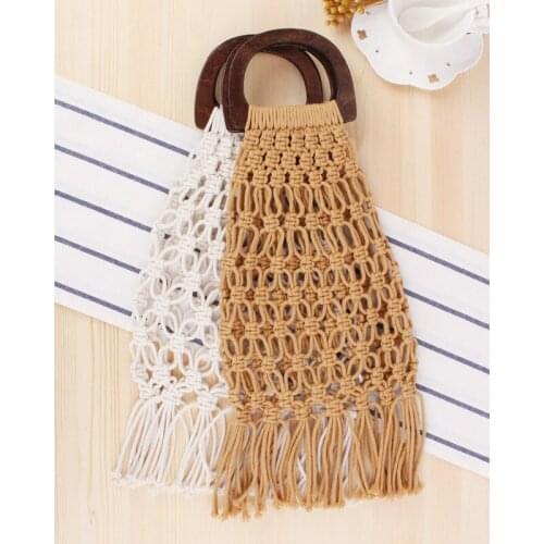 Wooden Handle Hand Holding Net Pocket Straw Bag Cotton String Hand Woven Womens Beach Handbags