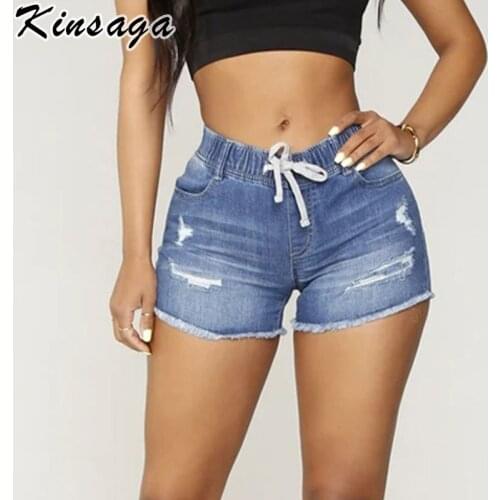 Streetwear Drawstring Ripped Denim Shorts with Pockets Sexy Skinny High Waist Tassel Distressed Women Elastic Band Jeans Shorts