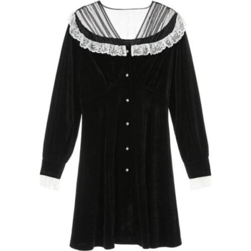 Brand Design Runway Women 2020 Spring Hepburn Style Winter Navy Collar Vintage Velvet Dress Slim A-line Black Mini Party Dress