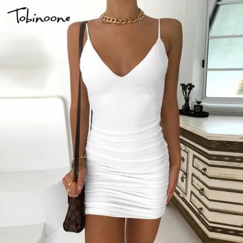 Tobinoone O-ring Backless Ruched Bodycon Dress V Neck Spaghetti Strap Sexy Mini Dresses Summer Solid Nightclub Party Vestidos