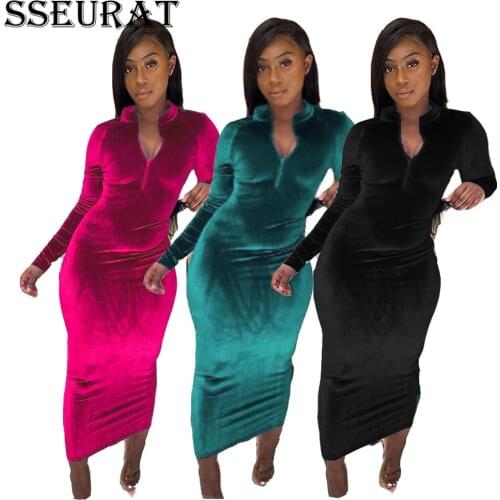 SSEURAT 2021 Women Winter Long Maxi Dress Full Sleeve Velvet Zipper Sexy Night Club Party Bodycon Dresses