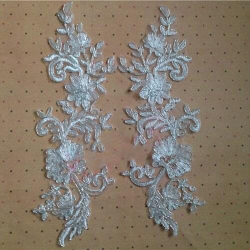 10Pcs Silver Car Bone Embroidery Flower Floral Alencon Lace Applique Trim Fabric For Bridal Dress
