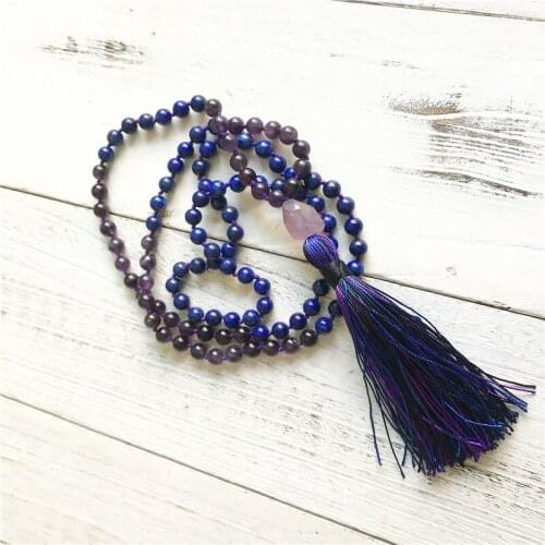 108 Mala Beads Necklace Purple Quartz & Lapis Lazuli Mala Necklace Meditation Necklaces Taeesl Yoga Jewelry