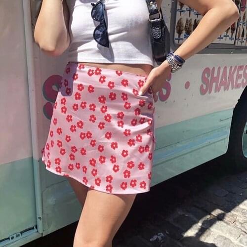2021 summer Women mini skirts high waist satin floral printed short skirt American new sexy pink pencil skirts above knee S-XL