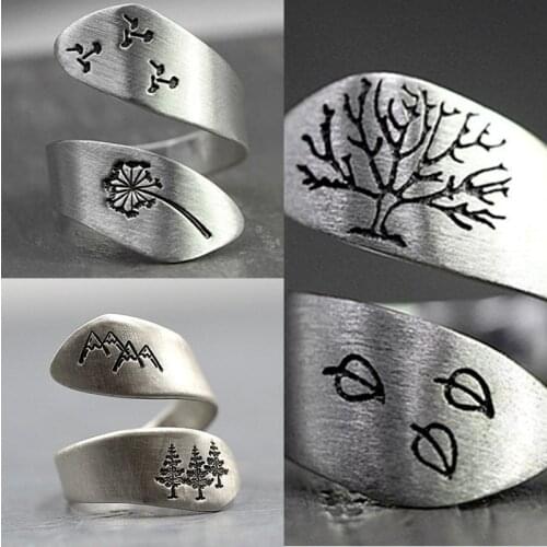 2021 Female Plated Silver Color Hand-brushed Winding Ring Mountain Forest Dandelion Ring for Women Accept Dropshipping