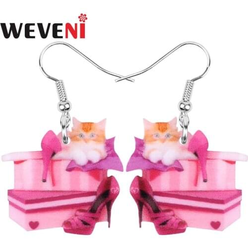WEVENI Acrylic Valentines Day High Heels Gift Box Cat Earrings Drop Dangle Jewelry For Lady Girls Teens Lovers Decorations Gift