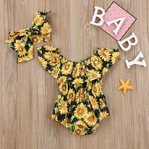 Newborn Baby Girls Floral Bodysuit Jumpsuit Headband Outfits 2pcs Set Clothes Summer Fashion Raglan Sleeve Cotton Clothing
