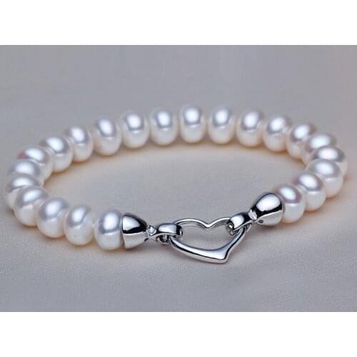 Wedding Woman Gift 9-10mm Natural White Freshwater Pearl Bracelet Silver Heart Clasp Handmade Woman Jewelry
