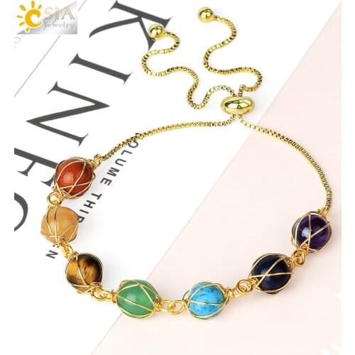 CSJA Natural Stone Beads 7 Chakra Bracelet Gold Color Adjustable Chain Link Bracelets Bangle for Kids Children Luxe Jewelry G700