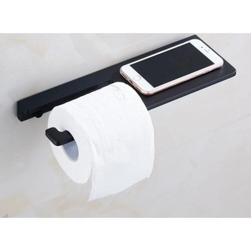 Bathroom Toilet Paper Holder Roll Tissue Holder with Phone Shelf, Washroom Tissue Roll Holder with Stuff Shelf Matt Black MJ