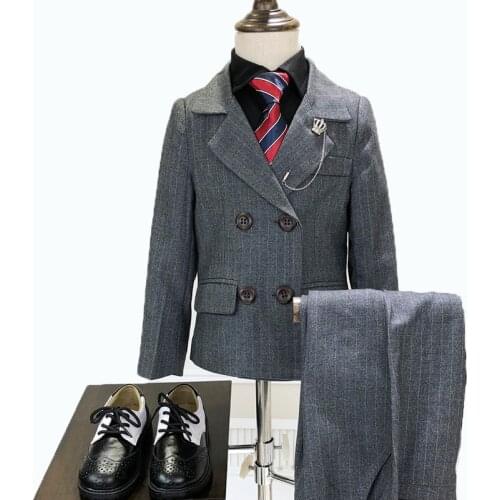 Childrens Formal Double-breasted Suit Sets Flower Boys Striped Blazer Pants 2pcs Outfits Kids Wedding Party Prom Costume