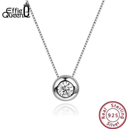 Effie Queen Real Silver Pendant Necklaces With AAA CZ Round Shape 9mm Pendants Box Chain Wedding Necklaces Female Jewelry BN136