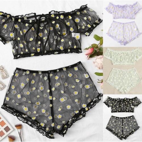 Erotic Lingerie Set Bra Sexy Daisy Embroidery Lace One Shoulder Tube Top Bowknot Strapless+Thong Underwear for Women Comfort