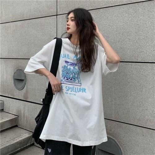 Womens T-shirts Tops Japanese Kawaii Ladies Ulzzang Loose Retro Letter Print Tshirt Female Korean Harajuku Clothes For Women