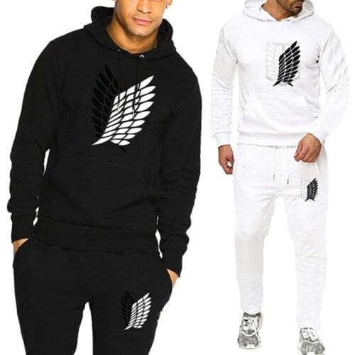 2020 Autumn Men Sets Solid Color Streetwear Long Sleeve Hooded Sweatshirts Pants Folds Casual attack on titan Tracksuit Suits