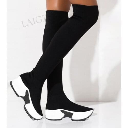 LAIGZEM Women Over Knee Boots Stretchy Elastic Sneakers Height Increase Heels Boots Black Female Shoes Woman Large Size 41 42 43