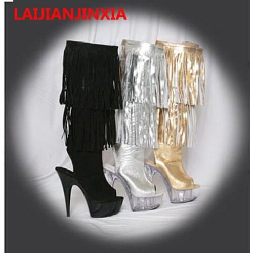 LAIJIANJINXIA Ultra-Leather Party Open Toe 15cm High Heels Sexy Women Boots Tassel Dancing Shoes Knee Boots Dance shoes B-079