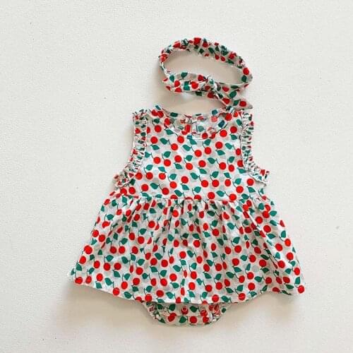 Summer Baby Girls Clothes Sleeveless Cherry Print Jumpsuit Infant Girls Dress Outfit Send Headband