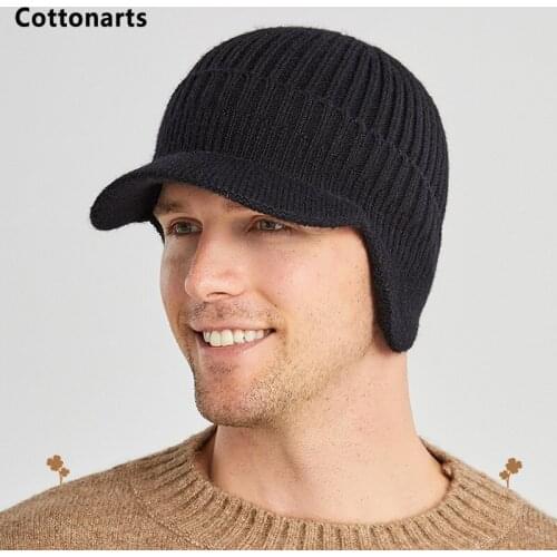 Men Winter Classic Knitted Earflap Hat Thicken Warm Wool Bonnet Cap Fashion Short Brim Hat Outdoor Cycling Plush Soft Cap Unisex