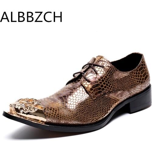 Luxury Golden Eevning Party Dress Shoes Men Trendy Wedding Shoes Mens Career Work metal Pointed Toe Lace Up Personality Shoes