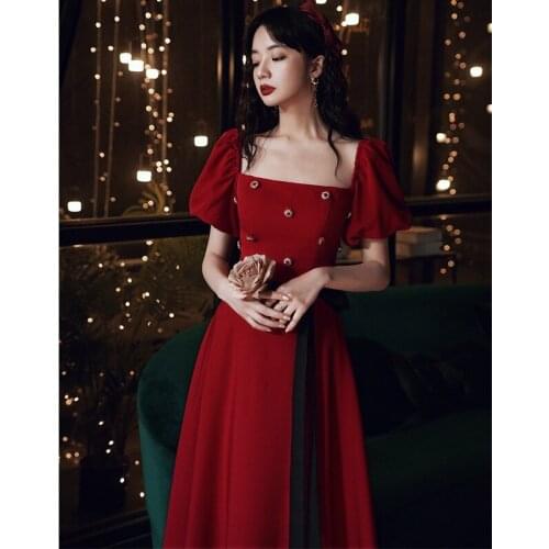 Sexy Burgundy Evening Dress Satin Square Neck Long Toast Dresses Floor Length Formal Party Gown